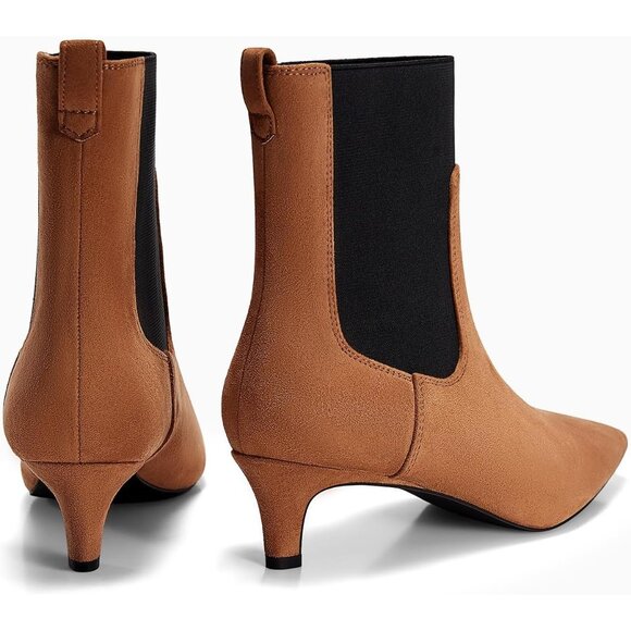 Women's Brown Ankle Low Kitten Heel Pointed Toe Slip On Dressy Winter Booties - Picture 5 of 6
